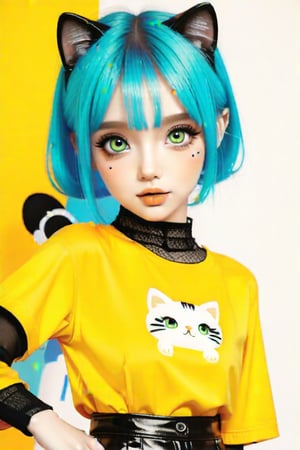 Taiwanese vtuber, Vietnamese,Thai,,1girl, beautiful cue character, beautiful green orange eyes, air bangs, lollipop punk fashion, cute cartoon ello kitty shaped shirt, cat earmuffs, pastel color clothes based on yellow and black , soft mood fashion, anime print shirt, shiny pantyhose, score_8, score_7_up, dal-7 style, blue mood, mood, modern art style, vspop, 3.5D three-dimensional style, illustration, ek_an1_b00ster