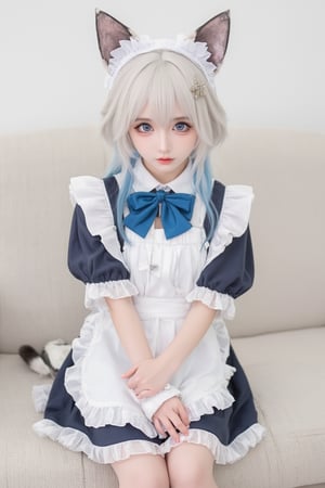 Animal ears,cat ears,male focus,apron,tail,cat tail,otoko no ko,open mouth,blue hair,solo,white hair,maid headdress,blue eyes,looking at viewer,wariza,hair ornament,cat boy,sitting,pale skin,bow,apron,far wide_shot hair eyes,far hair eyes,