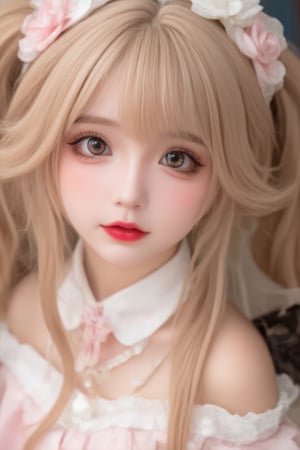 huihui,(The girl looks , the girl has  white hair, white clothes, light halo, and a white color tone. the girl has black wings, brown hair, pink clothes, light halo, and a   color tone of 1.5.) (Symmetry:1.3),cute,pink and white ,cosplay,European style gorgeous and complex mirror,(6 years old.) Q-version,doll face,3 head body,ancient spirit and quirky,red lips:1.3),exquisite makeup,(selected perspective:1.5),(scattered feathers:1.3),(scattered small light particles:1.2),overexposed,off shoulder,floral hair,dress,fluffy long sleeves,fluffy sleeves,rose petals,mandala,chaotic,radial,streamlined,typographic art,multicolored pupil space,high exposure,exquisite headwear,dressed in formal attire,looking at the audience,feathers,gorgeous,looking at the audience,flowing hair,random beams,spots,strong light,exposed Back beam,dreamy light and shadow,backlight,ultra-high saturation,masterpiece,best quality,detailed details,high contrast,ultra-high definition,8K,wallpaper,duble eyelid,makeup,big eyes,