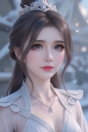 luoxue,snow,Softly falling snowflakes dance in the blurred background, framing a serene portrait of Luoxue. A close-up shot captures her delicate features: long dark brown hair cascading down her back, a gentle smile playing on her lips, and piercing blue eyes sparkling with warmth. She wears a pristine white dress adorned with intricate embroidery on the shoulders, complemented by a silver necklace and earrings that catch the subtle light. Her left hand rests on her hip, exuding confidence and poise as she stands amidst the winter wonderland.