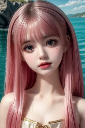 a cute doll, cyan pink hair, long gold and white dress ocean cliff, detailed face, vines, stars, ((surrealism)), (abstract), intricately detailed   art triadic colors, fantastical, splash screen, fantasy high magic concept art, 8k resolution, (masterpiece), oil painting, heavy strokes, HW*,long hair ,hair bangs are above the eyebrows,pink lips,no bang,Narin,beautyniji,1girl,women,girl,realistic,EpicDoll,pink lips,EpicMakeup,short neck,cute face,