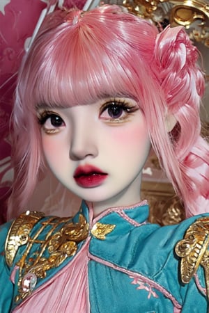 a cute doll, cyan pink hair, long gold and white dress ocean cliff, detailed face, vines, stars, ((surrealism)), (abstract), intricately detailed   art triadic colors, fantastical, splash screen, fantasy high magic concept art, 8k resolution, (masterpiece), oil painting, heavy strokes, HW*,long hair ,hair bangs are above the eyebrows,pink lips,no bang,Narin,beautyniji,1girl,women,girl,realistic,EpicDoll,pink lips,EpicMakeup,short neck,cute face,