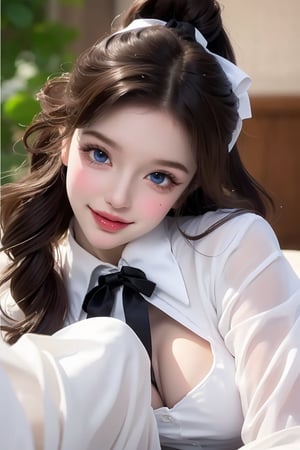 1girl, long wavy hair, blue eyes, thighhighs, looking at viewer, white thighhighs, sitting, bow, , dress, cherry, hair bow, blush, lips,  parted lips, facial mark,  lace, smile, frills,holding,  ribbon, lace trim,best quality, highly detailed, extremely detailed cg unity 8k , depth of field, cute girl, beautiful face, teenager, (sagging huge breasts), heavy breathing, (ahegao:0.4), tongue out, aroused face, blush, wet skin, dark brown hair, low ponytail hair, huge eyes, bondage, vaginal rape, bust shot,
 wet tongue out ,portrait,Hot ,shiny black pantyhose,Camisole dress