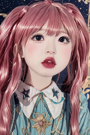 a cute doll, cyan pink hair, long gold and white dress ocean cliff, detailed face, vines, stars, ((surrealism)), (abstract), intricately detailed   art triadic colors, fantastical, splash screen, fantasy high magic concept art, 8k resolution, (masterpiece), oil painting, heavy strokes, HW*,long hair ,hair bangs are above the eyebrows,pink lips,no bang,Narin,beautyniji,1girl,women,girl,realistic,EpicDoll,pink lips,EpicMakeup,short neck,cute face,