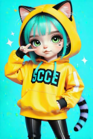 Taiwanese vtuber, Vietnamese,Thai,,1girl, beautiful cue character, beautiful green orange eyes, air bangs, lollipop punk fashion, cute cartoon ello kitty shaped hoodie, cat earmuffs, pastel color clothes based on yellow and black , soft mood fashion, anime print shirt, shiny pantyhose, score_8, score_7_up, dal-7 style, blue mood, mood, modern art style, vspop, 3.5D three-dimensional style, illustration, ek_an1_b00ster