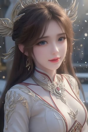 luoxue,snow,Softly falling snowflakes dance in the blurred background, framing a serene portrait of Luoxue. A close-up shot captures her delicate features: long dark brown hair cascading down her back, a gentle smile playing on her lips, and piercing blue eyes sparkling with warmth. She wears a pristine white dress adorned with intricate embroidery on the shoulders, complemented by a silver necklace and earrings that catch the subtle light. Her left hand rests on her hip, exuding confidence and poise as she stands amidst the winter wonderland.