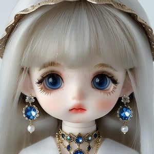 1girl, bjd doll,solo, long hair, looking at viewer, bangs, blue eyes, white background, jewelry, closed mouth, cute eyes, white hair, earrings, heterochromia, expressionless, portrait, close-up,2 cute big eyes,