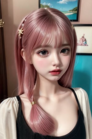 a cute doll, cyan pink hair, long gold and white dress ocean cliff, detailed face, vines, stars, ((surrealism)), (abstract), intricately detailed   art triadic colors, fantastical, splash screen, fantasy high magic concept art, 8k resolution, (masterpiece), oil painting, heavy strokes, HW*,long hair ,hair bangs are above the eyebrows,pink lips,no bang,Narin,beautyniji,1girl,women,girl,realistic,EpicDoll,pink lips,EpicMakeup,short neck,cute face,