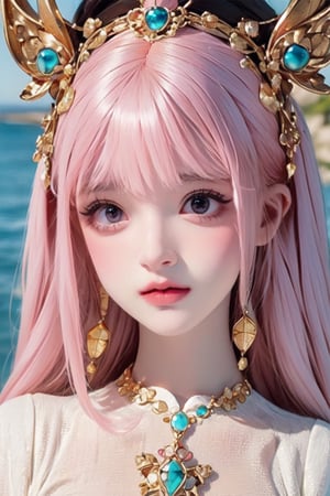 a cute doll, cyan pink hair, long gold and white dress ocean cliff, detailed face, vines, stars, ((surrealism)), (abstract), intricately detailed   art triadic colors, fantastical, splash screen, fantasy high magic concept art, 8k resolution, (masterpiece), oil painting, heavy strokes, HW*,long hair ,hair bangs are above the eyebrows,pink lips,no bang,Narin,beautyniji,1girl,women,girl,realistic,EpicDoll,pink lips,EpicMakeup,short neck,cute face,