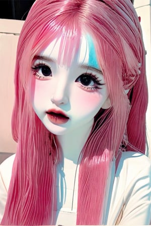 a cute doll, cyan pink hair, long gold and white dress ocean cliff, detailed face, vines, stars, ((surrealism)), (abstract), intricately detailed   art triadic colors, fantastical, splash screen, fantasy high magic concept art, 8k resolution, (masterpiece), oil painting, heavy strokes, HW*,long hair ,hair bangs are above the eyebrows,pink lips,no bang,Narin,beautyniji,1girl,women,girl,realistic,EpicDoll,pink lips,EpicMakeup,short neck,cute face,