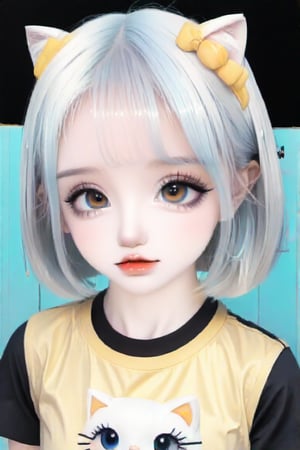 Taiwanese vtuber, Vietnamese,Thai,,1girl, beautiful cue character, beautiful  orange eyes, air bangs, lollipop punk fashion, cute cartoon ello kitty shaped shirt, cat earmuffs, pastel color clothes based on yellow and black , soft mood fashion, anime print shirt, shiny pantyhose, score_8, score_7_up, dal-7 style, blue mood, mood, modern art style, vspop, 3.5D three-dimensional style, illustration, ek_an1_b00ster