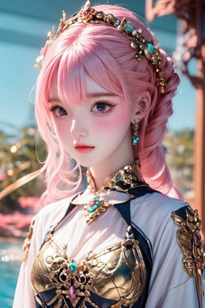 a cute doll, cyan pink hair, long gold and white dress ocean cliff, detailed face, vines, stars, ((surrealism)), (abstract), intricately detailed   art triadic colors, fantastical, splash screen, fantasy high magic concept art, 8k resolution, (masterpiece), oil painting, heavy strokes, HW*,long hair ,hair bangs are above the eyebrows,pink lips,no bang,Narin,beautyniji,1girl,women,girl,realistic,EpicDoll,pink lips,EpicMakeup,short neck,cute face,