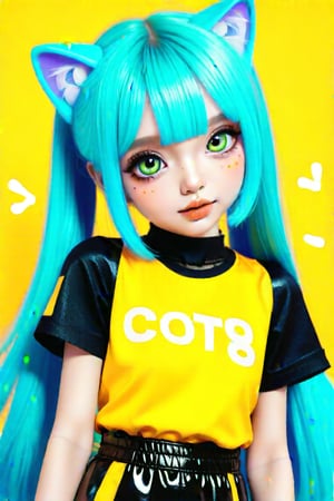 Taiwanese vtuber, Vietnamese,Thai,,1girl, beautiful cue character, beautiful green orange eyes, air bangs, lollipop punk fashion, cute cartoon ello kitty shaped shirt, cat earmuffs, pastel color clothes based on yellow and black , soft mood fashion, anime print shirt, shiny pantyhose, score_8, score_7_up, dal-7 style, blue mood, mood, modern art style, vspop, 3.5D three-dimensional style, illustration, ek_an1_b00ster