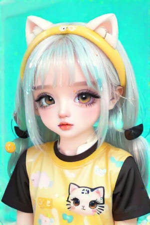 Taiwanese vtuber, Vietnamese,Thai,,1girl, beautiful cue character, beautiful  orange eyes, air bangs, lollipop punk fashion, cute cartoon ello kitty shaped shirt, cat earmuffs, pastel color clothes based on yellow and black , soft mood fashion, anime print shirt, shiny pantyhose, score_8, score_7_up, dal-7 style, blue mood, mood, modern art style, vspop, 3.5D three-dimensional style, illustration, ek_an1_b00ster