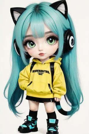 Taiwanese vtuber, 1girl, beautiful anime character, beautiful green eyes, air bangs, lollipop punk fashion, cute cartoon ello kitty shaped hoodie, cat earmuffs, pastel color clothes based on yellow and black , soft mood fashion, anime print shirt, gothic style tights, long combat boots, score_8, score_7_up, dal-7 style, blue mood, mood, modern art style, vspop, 2.5D three-dimensional style, illustration, ek_an1_b00ster