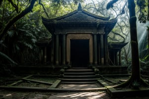 A mysterious place in a jungle, green dark, shadow, poisonous snake jaguar eyes, The picture shows a temple with a large, dark entrance, surrounded by trees and rubble. The temple seems to be in a bad condition, broken parts are lying around everywhere. Moss covered