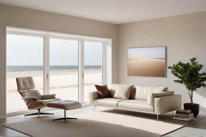 From a futuristic point of view, the white frames the cozy living room, the walls are in a light gray, the sofa beige coarse leather, the blurred background is a wide sandy beach like on Sylt beach creates an impressive 3D masterpiece in UHD (Ultra High Definition). The picture on the wall is a picture by VALIE EXPORT at C/O Berlin, room high windows, this scene is highly detailed and structured and transports the viewer into a modern sanctuary. Cor sofa, kettnaker furniture, minimalist, design furniture armchair long chair by eames