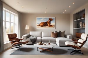 From a futuristic point of view, the bright cozy living room frames the walls in a light gray, the sofa beige coarse leather, The blurred background is a wide sandy beach like on Sylt beach creates an impressive 3D masterpiece in UHD (Ultra High Definition). The picture on the wall is a picture from 1903 by C.M. Coolidge painted painting shows 7 dogs sitting around a poker table and playing cards. This painting is considered an iconic representation of Americans at the beginning of the 19th century., Room high windows without frames, (((Ceiling light by Occhio Mito Sospeso 40 ))), cozy, atmospheric light, This scene is highly detailed and structured and transports the viewer into a modern sanctuary. Cor sofa, Kettnaker furniture, (((design furniture an armchair long chair by Eames)))