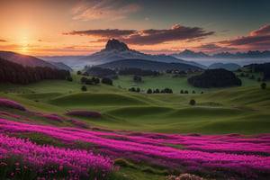a photo like that of David Köster, alpine meadow with flowers in the foreground, landscape, romantic, best picture, strong colors, photorealistic, 4k, enchanting, captivating picture, unique, overwhelming panorama, alps, mountain lake, sunrise, clouds, alpine cow, HDR long exposure, wide angle, time lapse,Illustration,FFIXBG