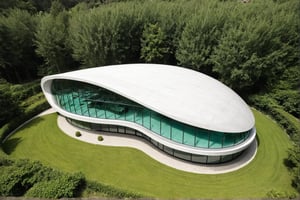 The picture shows a modern and futuristic architectural structure in the shape of a shell, made of concrete and glass fronts, harmonious organic forms, dynamically elongated flat luxury villa like on whose surface various green plants grow, suggesting a mixture of nature and technology.