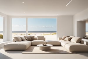 From a futuristic point of view, the white frames a cozy living room that is bathed in a soft atmosphere. The blurred background is a wide sandy beach like on Sylt beach creates an impressive 3D masterpiece in UHD (Ultra High Definition). Room high windows, This scene is highly detailed and structured and transports the viewer into a modern sanctuary. Cor sofa, kettnaker furniture, minimalist, desgin furniture