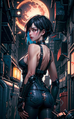 1girl, solo, cyberpunk world, center frame, (upper body:1.5), (looking back:1.5), (shallow depth of field:1.3), sharp focus, bokeh, red, black, cyberpunk outfit, brown eyes, long wavy hair, bangs, alleyway, buildings, dark, gritty, (foggy:1.5), midnight, (gigantic moon:1.5), moon light, clouds, lamps, colored lights, dimmed lights, backlit, (wind:1.3), greasy, burning dumpsters, graffiti, pipelines, neon signboards, reflections, glare.
<BREAK>
(masterpiece:1.4), (best quality:1.4), 8K, UHD, (HDR:1.4), (vibrant colors:1.4), (hyper photorealistic:1.4), (surrealism:1.4), high resolution, dramatic, (bloom), cinematic lighting, backlight, ultra-detailed, raytracing, intricate details, film grain, perfect hands, perfect legs, perfect body, sci-fi, cyberpunk style.