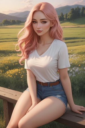 A stunning lifelike gouache painting captures a beautiful, adorable young woman with porcelain skin and anime hairstyle in a casual outfit: a Uniqlo v-neck t-shirt, a denim shorts, a pair of ankle socks, and a Nike shoes. She has a gorgeous, dreamy upturned eyes and a full, rosy lips that she curves into a cute smile as she gazes at the viewer. She is sitting comfortably amidst a wide, open meadow filled with wildflowers swaying gently in the evening breeze. The sunset light casts a warm, golden glow over the field, highlighting her hyper-realistic features as well as the vibrant colors of the flowers. The sky is a soft pastel, transitioning from pink to blue as the day ends. The painting captures her in full body, creatively blending her beauty with the breathtaking scenery in a stunning panoramic view. The colors are rich and vibrant, and the painting is highly detailed and sharp. The overall quality of the painting is exceptional, with every brushstroke brings the scene to life in captivating realism and beauty.