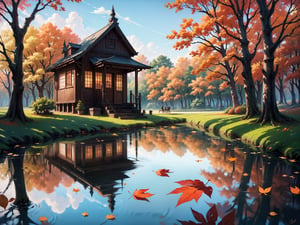 (digital oil painting:1.5), masterpiece, (HDR, crisp:1.5), ((wooden house)), flower, outdoors, sky, water, (autumn trees), window, (windy), grass, plant, building, (falling leaves), nature, (scenery), forest, (reflection), lantern, mountain, bush, (fallen leaves), architecture, east asian architecture, (pond), (autumn leaves), ((autumn)) 1girl, center, scaled -0.5x, chiaroscuro, serene, vibrant, super sharp, intricate, smooth, best quality, ultra hires, UHD, 64K, by Disney.