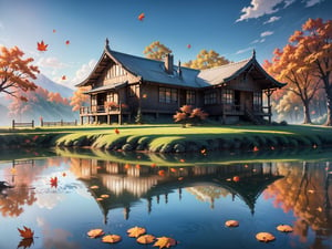 (digital oil painting:1.5), masterpiece, (HDR, crisp:1.5), ((wooden house)), flower, outdoors, sky, water, (autumn trees), window, (windy), grass, plant, building, (falling leaves), nature, (scenery), forest, (reflection), lantern, mountain, bush, (fallen leaves), architecture, east asian architecture, (pond), (autumn leaves), ((autumn)) 1girl, center, scaled -0.5x, chiaroscuro, serene, vibrant, super sharp, intricate, smooth, best quality, ultra hires, UHD, 64K, by Disney.