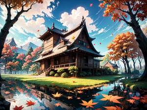 (digital oil painting:1.5), masterpiece, (HDR, crisp:1.5), ((wooden house)), flower, outdoors, sky, water, (autumn trees), window, (windy), grass, plant, building, (falling leaves), nature, (scenery), forest, (reflection), lantern, mountain, bush, (fallen leaves), architecture, east asian architecture, (pond), (autumn leaves), ((autumn)) 1girl, center, scaled -0.5x, chiaroscuro, serene, vibrant, super sharp, intricate, smooth, best quality, ultra hires, UHD, 64K, by Disney.