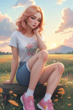 A stunning lifelike gouache painting of a beautiful young woman with porcelain skin and anime hairstyle in a casual outfit: a Uniqlo t-shirt, a short denim, a pair of ankle socks, and a Nike shoes. She has a gorgeous, dreamy upturned eyes and a full, rosy lips. She is sitting comfortably amidst a wide, open meadow filled with wildflowers swaying gently in the evening breeze. The sunset light casts a warm, golden glow over the field, highlighting her hyper-realistic features as well as the vibrant colors of the flowers. The sky is a soft pastel, transitioning from pink to blue as the day ends. The painting captures her in full body, blending her beauty with the breathtaking scene. The colors are rich and vibrant, and the painting is highly detailed and sharp. The overall quality of the painting is exceptional, with every brushstroke brings the scene to life in captivating realism and beauty.