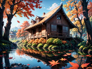 (digital oil painting:1.5), masterpiece, (HDR, crisp:1.5), ((wooden house)), flower, outdoors, sky, water, (autumn trees), window, (windy), grass, plant, building, (falling leaves), nature, (scenery), forest, (reflection), lantern, mountain, bush, (fallen leaves), architecture, east asian architecture, (pond), (autumn leaves), ((autumn)) 1girl, center, scaled -0.5x, chiaroscuro, serene, vibrant, super sharp, intricate, smooth, best quality, ultra hires, UHD, 64K, by Disney.