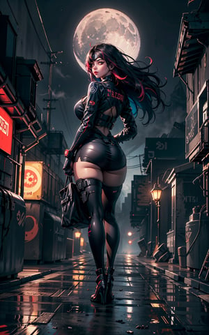 1girl, solo, cyberpunk world, center frame, (full body:1.5), (shallow depth of field), sharp focus, bokeh, red, black, cyberpunk outfit, face mask, eye-patch, dark brown eyes, long wavy hair, bangs, alleyway, buildings, dark, gritty, (foggy:1.5), midnight, (gigantic moon:1.5), moon light, clouds, lamps, colored lights, dimmed lights, backlit, (wind:1.3), greasy, burning dumpsters, graffiti, pipelines, neon signboards, reflections, glare.
<BREAK>
(masterpiece:1.4), (best quality:1.4), 8K, UHD, (HDR:1.4), (vibrant colors:1.4), (hyper photorealistic:1.4), (surrealism:1.4), high resolution, dramatic, (bloom), cinematic lighting, backlight, ultra-detailed, raytracing, intricate details, film grain, perfect hands, perfect legs, perfect body, sci-fi, cyberpunk style.