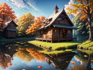 (digital oil painting:1.5), masterpiece, (HDR, crisp:1.5), ((wooden house)), flower, outdoors, sky, water, (autumn trees), window, (windy), grass, plant, building, (falling leaves), nature, (scenery), forest, (reflection), lantern, mountain, bush, (fallen leaves), architecture, east asian architecture, (pond), (autumn leaves), ((autumn)) 1girl, center, scaled -0.5x, chiaroscuro, serene, vibrant, super sharp, intricate, smooth, best quality, ultra hires, UHD, 64K, by Disney.
