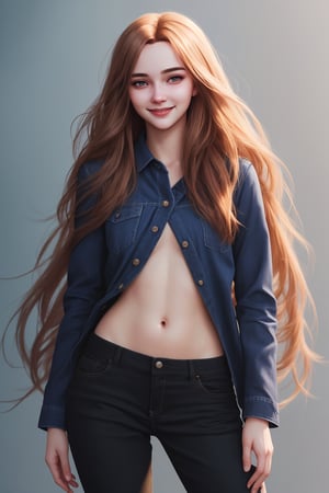 A stunning 3/4-body RAW photograph in the hyper-realistic style of Ilya Kuvshinov of a beautiful young woman with long, flowing hair, standing with a (giggly:0.75) expression.