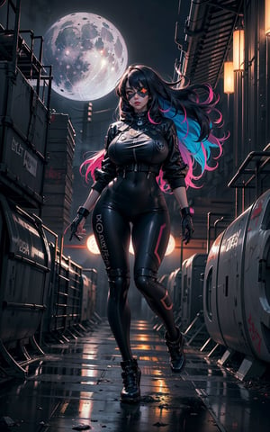 1girl, solo, cyberpunk world, center frame, (full body:1.5), (shallow depth of field), sharp focus, bokeh, red, black, cyberpunk outfit, face mask, eye-patch, dark gold eyes, long wavy hair, bangs, alleyway, buildings, dark, gritty, (foggy:1.5), midnight, (gigantic moon:1.5), moon light, clouds, lamps, RGB-colored lights, dimmed lights, backlit, (wind:1.3), greasy, burning dumpsters, graffiti, pipelines, neon signboards, reflections, glare.
<BREAK>
(masterpiece:1.4), (best quality:1.4), 8K, UHD, (HDR:1.4), (vibrant colors:1.4), (hyper photorealistic:1.4), (surrealism:1.4), high resolution, dramatic, (bloom), cinematic lighting, backlight, ultra-detailed, raytracing, intricate details, film grain, perfect hands, perfect legs, perfect body, sci-fi, cyberpunk style.