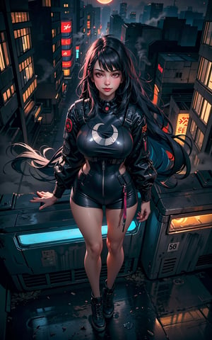 1girl, solo, cyberpunk world, center frame, (full body:1.5), (from above:1.5), smiling, blushing, parted lips, (shallow depth of field:1.5), sharp focus, bokeh, red, black, cyberpunk outfit, brown eyes, long wavy hair, bangs, alleyway, buildings, dark, gritty, (foggy:1.5), midnight, (gigantic moon:1.5), moon light, clouds, lamps, colored lights, dimmed lights, backlit, (wind:1.3), greasy, burning dumpsters, graffiti, pipelines, neon signboards, reflections, glare.
<BREAK>
(masterpiece:1.4), (best quality:1.4), 8K, UHD, (HDR:1.4), (vibrant colors:1.4), (hyper photorealistic:1.4), (surrealism:1.4), high resolution, dramatic, (bloom), cinematic lighting, backlight, ultra-detailed, raytracing, intricate details, film grain, perfect hands, perfect legs, perfect body, sci-fi, cyberpunk style.