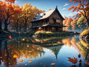 (digital oil painting:1.5), masterpiece, (HDR, crisp:1.5), ((wooden house)), flower, outdoors, sky, water, (autumn trees), window, (windy), grass, plant, building, (falling leaves), nature, (scenery), forest, (reflection), lantern, mountain, bush, (fallen leaves), architecture, east asian architecture, (pond), (autumn leaves), ((autumn)) 1girl, center, scaled -0.5x, chiaroscuro, serene, vibrant, super sharp, intricate, smooth, best quality, ultra hires, UHD, 64K, by Disney.