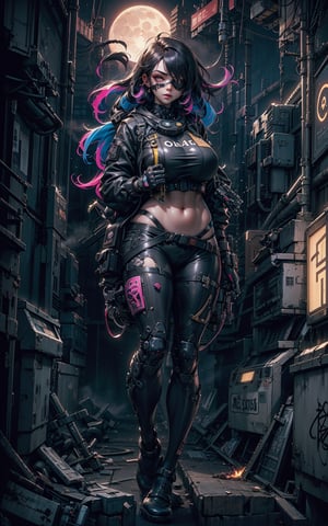 1girl, solo, cyberpunk world, center frame, (full body:1.5), (shallow depth of field), sharp focus, bokeh, red, black, cyberpunk outfit, face mask, eye-patch, dark gold eyes, long wavy hair, bangs, alleyway, buildings, dark, gritty, (foggy:1.5), midnight, (gigantic moon:1.5), moon light, clouds, lamps, RGB-colored lights, dimmed lights, backlit, (wind:1.3), greasy, burning dumpsters, graffiti, pipelines, neon signboards, reflections, glare.
<BREAK>
(masterpiece:1.4), (best quality:1.4), 8K, UHD, (HDR:1.4), (vibrant colors:1.4), (hyper surrealism:1.4), high resolution, dramatic, (bloom), cinematic lighting, backlight, ultra-detailed, raytracing, intricate details, film grain, perfect hands, perfect legs, perfect body, sci-fi, cyberpunk style.