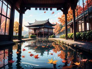 (digital oil painting:1.5), masterpiece, (HDR, crisp:1.5), ((wooden house)), flower, outdoors, sky, water, (autumn trees), window, (windy), grass, plant, building, (falling leaves), nature, (scenery), forest, (reflection), lantern, mountain, bush, (fallen leaves), architecture, east asian architecture, (pond), (autumn leaves), ((autumn)) 1girl, center, scaled -0.5x, chiaroscuro, serene, vibrant, super sharp, intricate, smooth, best quality, ultra hires, UHD, 64K, by Disney.