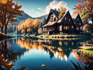 (masterpiece, legendary, highest_resolution), vibrance +5, contrast +7, clarity +10, midtones +7, sharpen +15, enhanced_details, landscape_photography, (a stunning HDR image of a big wooden house during the autumn season with a beautiful lake in the foreground:1.5), trees, fallen leaves, leaves falling, ground, grass, flower, sky, cloud, birds, sunlight, reflection, shadows, windy, intricate detail, (creative use of empty space:1.3),  (best quality, immersive, hyper_surrealism, no human, no character, 64K, UHD, HDR)