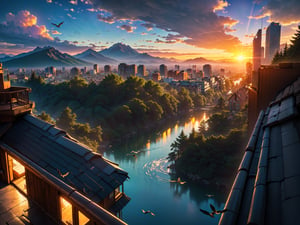 (masterpiece, legendary, highest_resolution), vibrance +5, contrast +7, clarity +10, midtones +7, sharpen +15, enhanced_details, landscape_photography, (a stunning RAW photograph of a city shot from the edge of a rooftop of an apartment building overlooking a sunset with cityscapes, architectures, city lights, forest, mountain, nature, land, water, sky, birds, cloud, sun light:1.5), chiaroscuro, last light, shadow, absurdres, intricate ciityscapes, intricate details, (creative use of empty space:1.3), (best quality, immersive, hyper_surrealism, no human, no character, 64K, UHD, HDR)