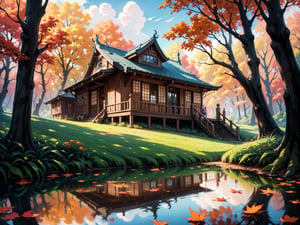 (digital oil painting:1.5), masterpiece, (HDR, crisp:1.5), ((wooden house)), flower, outdoors, sky, water, (autumn trees), window, (windy), grass, plant, building, (falling leaves), nature, (scenery), forest, (reflection), lantern, mountain, bush, (fallen leaves), architecture, east asian architecture, (pond), (autumn leaves), ((autumn)) 1girl, center, scaled -0.5x, chiaroscuro, serene, vibrant, super sharp, intricate, smooth, best quality, ultra hires, UHD, 64K, by Disney.