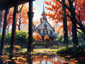 (digital oil painting:1.5), masterpiece, (HDR, crisp:1.5), ((wooden house)), flower, outdoors, sky, water, (autumn trees), window, (windy), grass, plant, building, (falling leaves), nature, (scenery), forest, (reflection), lantern, mountain, bush, (fallen leaves), architecture, east asian architecture, (pond), (autumn leaves), ((autumn)) 1girl, center, scaled -0.5x, chiaroscuro, serene, vibrant, super sharp, intricate, smooth, best quality, ultra hires, UHD, 64K, by Pixar.