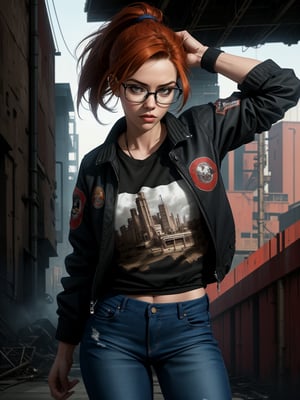 A highly-detailed, high resolution, realistic style digital airbrush painting reminiscent of Tristan Eaton, Brent Cotton and Alberto Seveso sets upon an industrial area with towering warehouses, steel structures, and rusty machinery. The subject, a beautiful redhead woman with ponytail hairstyle, stands amidst the industrial elements, wearing a thick square frame eyeglasses, an open bomber jacket with shirt, a black skinny jeans and a white sneakers. The extremely detailed, gritty texture of the surroundings contrasts with the subject's portrait, adding depth and character to the image. She has a determined expression, and the interplay of light and shadow enhances the gritty, dramatic feel of the setting.