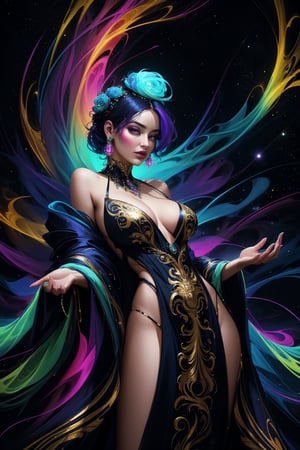 In the midst of a neon-noir galactic festival, a regal figure in flowing robes stands with an aura of mystery and power. This captivating image is a vividly detailed oil painting reminiscent of Alberto Seveso, capturing the essence of opulence and otherworldly elegance. The vibrant colors swirl together in a mesmerizing display, highlighting the intricate details of the figure's ornate jewelry and shimmering attire. Each brushstroke exudes a sense of depth and richness, inviting viewers to immerse themselves in the enchanting world depicted on the canvas.