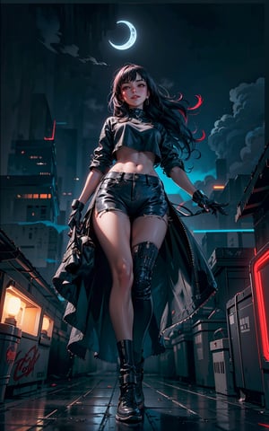 1girl, solo, cyberpunk world, center frame, (full shot:1.5), (from below:1.5), glancing at viewer, smiling, blushing, parted lips, (shallow depth of field:1.5), sharp focus, bokeh, red, black, cyberpunk outfit, brown eyes, long wavy hair, bangs, alleyway, buildings, dark, gritty, (foggy:1.5), midnight, (gigantic moon:1.5), moon light, clouds, lamps, colored lights, dimmed lights, backlit, (wind:1.3), greasy, burning dumpsters, graffiti, pipelines, neon signboards, reflections, glare.
<BREAK>
(masterpiece:1.4), (best quality:1.4), 8K, UHD, (HDR:1.4), (vibrant colors:1.4), (hyper photorealistic:1.4), (surrealism:1.4), high resolution, dramatic, (bloom), cinematic lighting, backlight, ultra-detailed, raytracing, intricate details, film grain, perfect hands, perfect legs, perfect body, sci-fi, cyberpunk style.