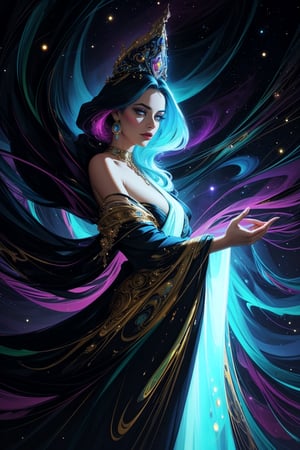 In the midst of a neon-noir galactic festival, a regal figure in flowing robes stands with an aura of mystery and power. This captivating image is a vividly detailed oil painting reminiscent of Alberto Seveso, capturing the essence of opulence and otherworldly elegance. The vibrant colors swirl together in a mesmerizing display, highlighting the intricate details of the figure's ornate jewelry and shimmering attire. Each brushstroke exudes a sense of depth and richness, inviting viewers to immerse themselves in the enchanting world depicted on the canvas.