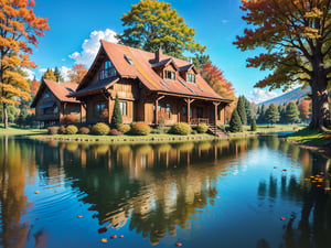 (masterpiece, legendary, highest_resolution), (hyper surrealism:1.4), enhanced_details, landscape_photography, (a stunning and vibrant HDR image of a big [wooden ? timber ? concerete] house during the autumn season with a beautiful lake in the foreground:1.5), (trees, fallen leaves, leaves falling, ground, grass, flower, sky, cloud, birds, sunlight, reflection, shadows, windy), intricate detail, (creative use of empty space:1.3),  (best quality, 64K, UHD, captivating, immersive, hyper_surrealism, no human, no character)