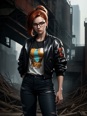 A highly-detailed, high resolution, realistic style digital airbrush painting reminiscent of Tristan Eaton, Brent Cotton and Alberto Seveso sets upon an industrial area with towering warehouses, steel structures, and rusty machinery. The subject, a beautiful redhead woman with ponytail hairstyle, stands amidst the industrial elements, wearing a thick square frame eyeglasses, an open bomber jacket with shirt, a black skinny jeans and a white sneakers. The extremely detailed, gritty texture of the surroundings contrasts with the subject's portrait, adding depth and character to the image. She has a determined expression, and the interplay of light and shadow enhances the gritty, dramatic feel of the setting.